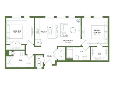 A floor plan of a house with a primary bedroom, a great room, and a foyer.